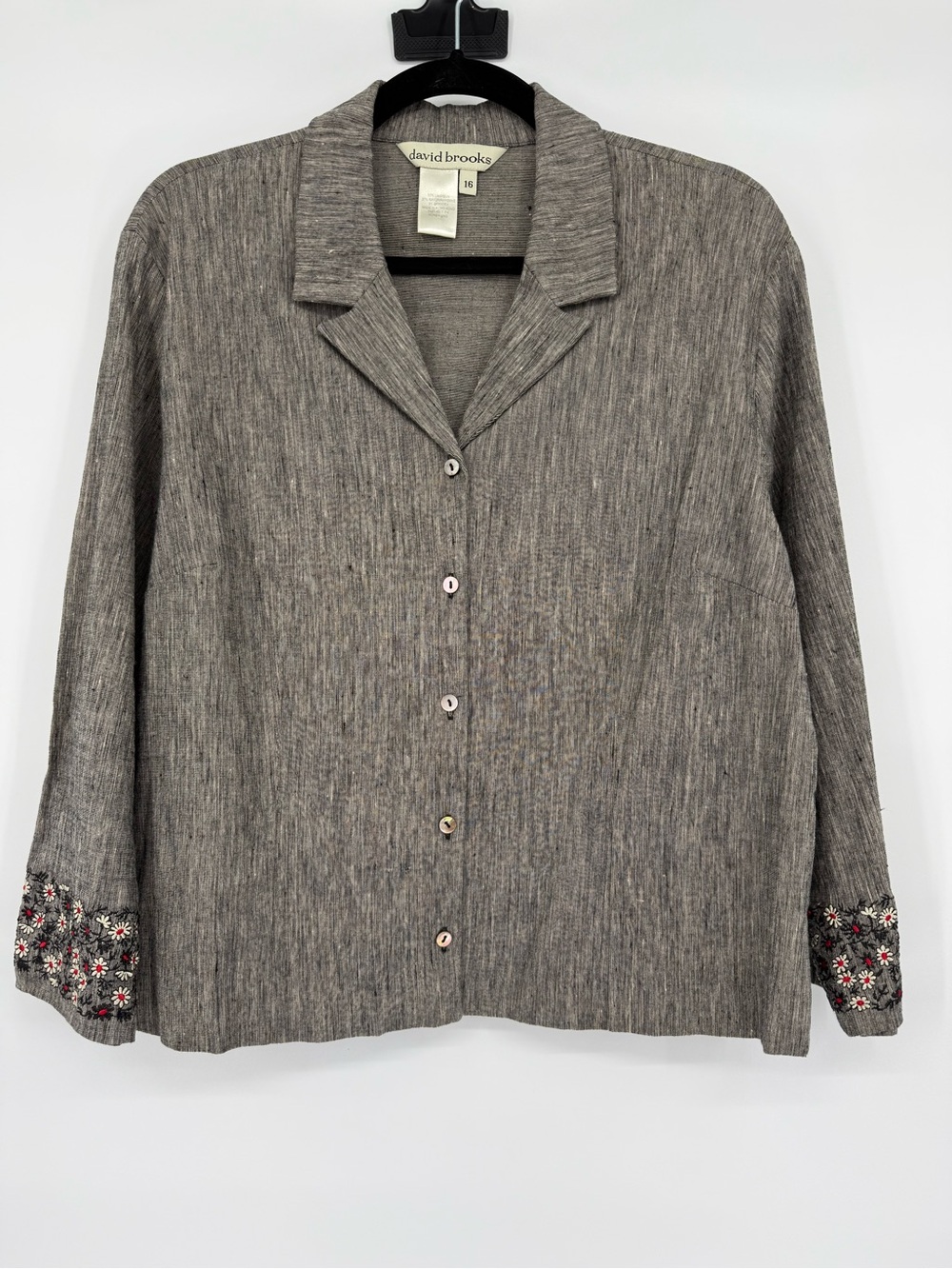 David Brooks Embroidered Floral‎ Linen Blend Button Front Career Blouse Size 16